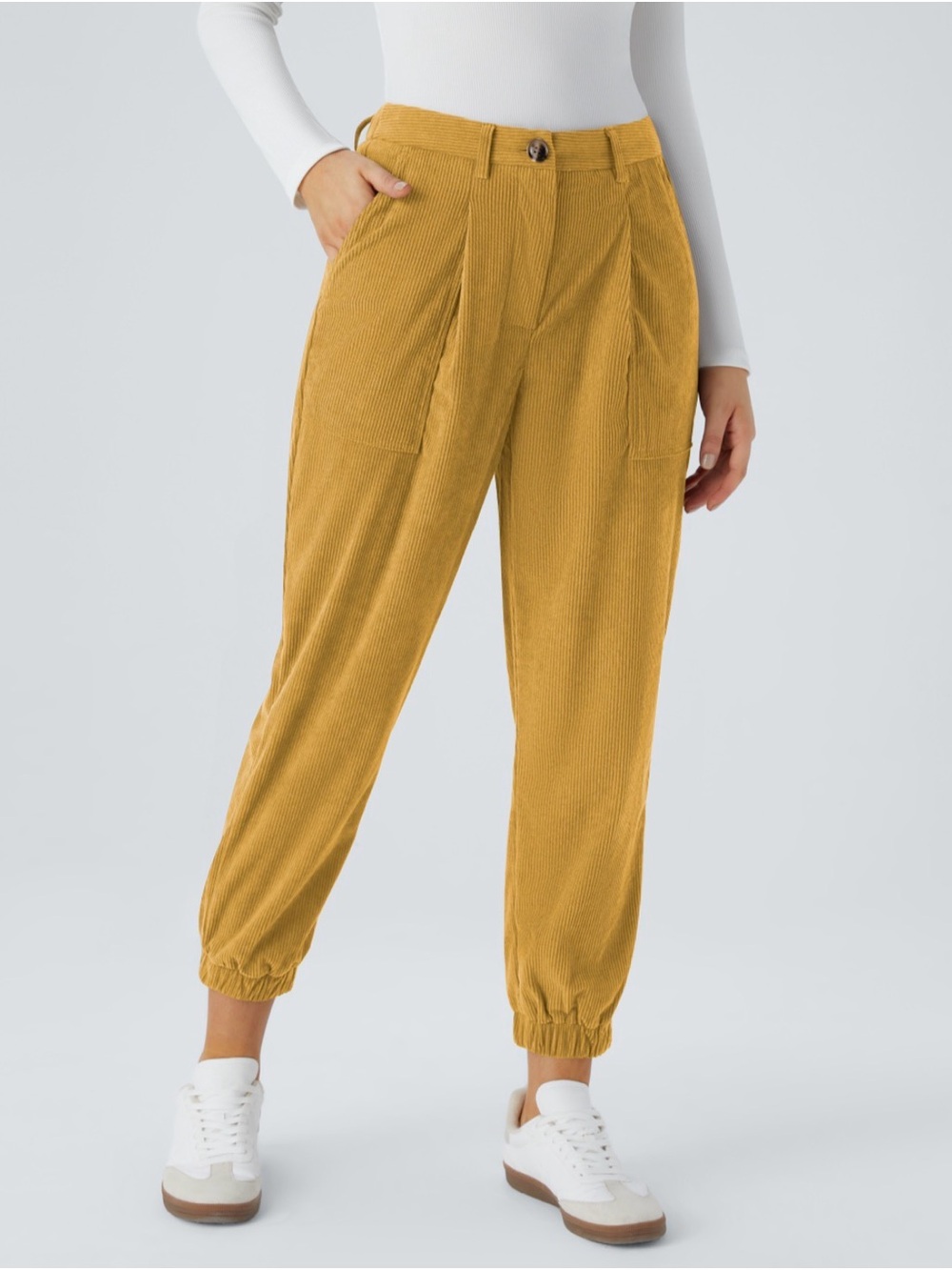 Mid Rise Zipper Pockets Corduroy Casual Joggers - Amber Gold - Picture 3 of 7